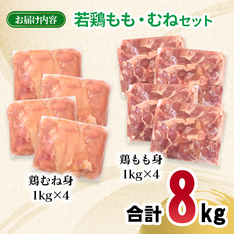 宮崎県産若鶏 もも肉 むね肉 合計8kg モモ肉 ムネ肉  もも身 むね身 とり肉 国産 真空パック＜70-17a＞