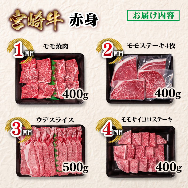 【定期便】宮崎牛  赤身4回定期便 焼肉・ステーキ・スライス ブランド牛 A4～A5等級 内閣総理大臣賞4連覇＜58-45a＞