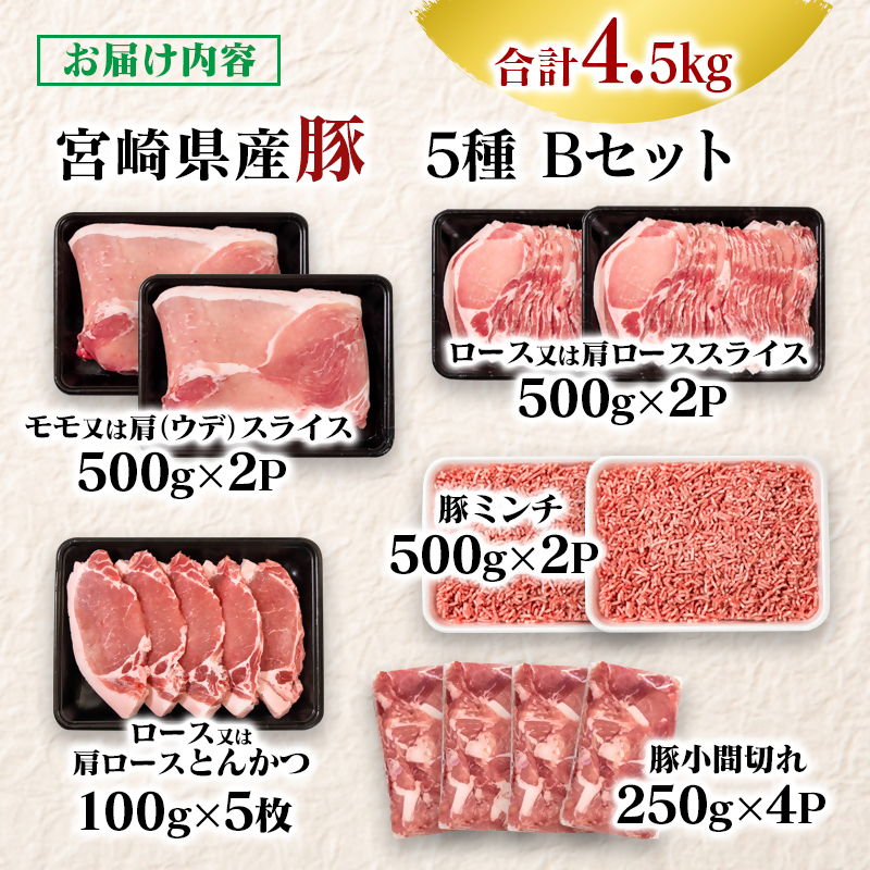 宮崎県産豚肉 満載Bセット4.5kg  スライス とんかつ 小間切れ ミンチ＜58-54a＞