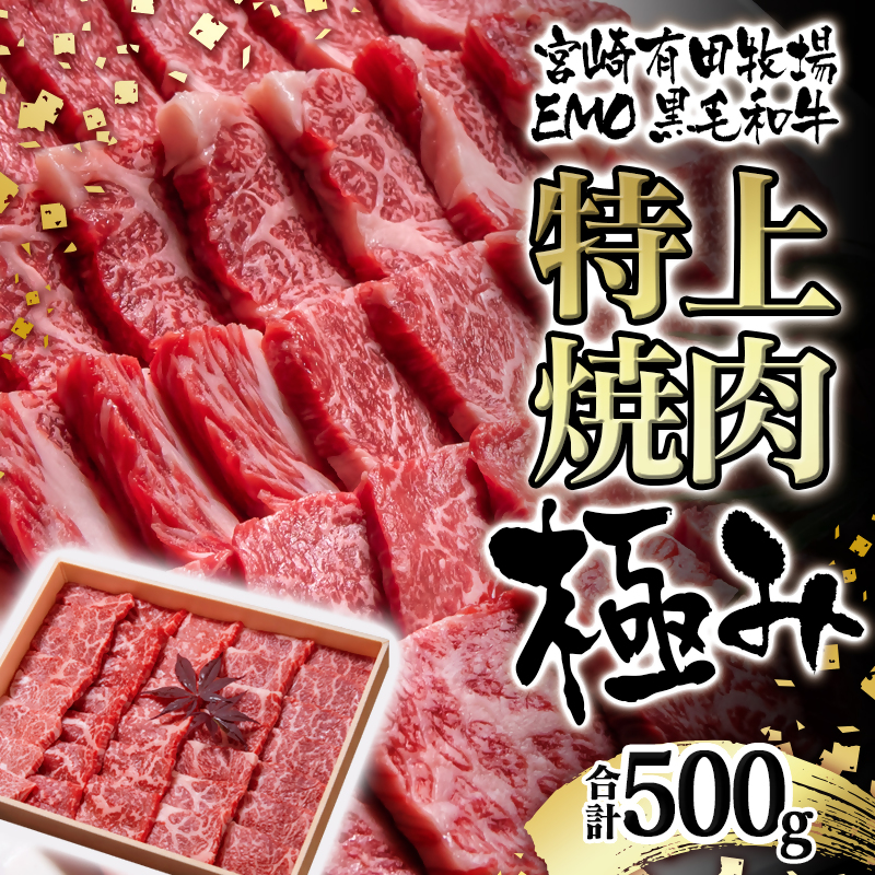 【世界グランプリ受賞】黒毛和牛稀少部位を含む 特上焼肉極み500g 有田牧畜産業ブランドEMO牛＜14-13a＞