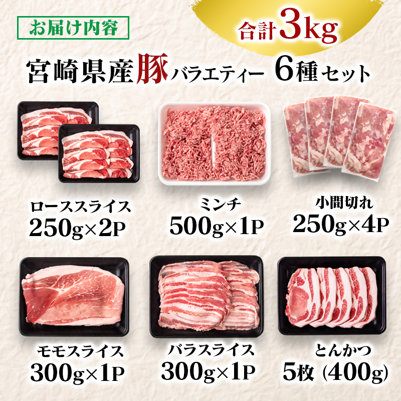 【最速便】宮崎県産豚肉 6種 バラエティ3kgセット スライス 小間切れ トンカツ ミンチ ＜58-40a＞