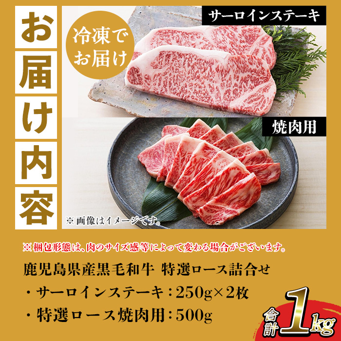 ＜2026年お中元ギフト＞鹿児島県産黒毛和牛 ＜A4等級以上＞サーロインステーキ・特選ロース焼肉用 (2種・合計1kg) 牛肉 肉 黒毛和牛 国産 国産牛 九州 鹿児島 鹿児島県産 サーロイン ステーキ ロース ロース肉 焼肉 焼き肉 A4等級以上 冷凍 ギフト【バクロ】【00-030-36-R8OC】