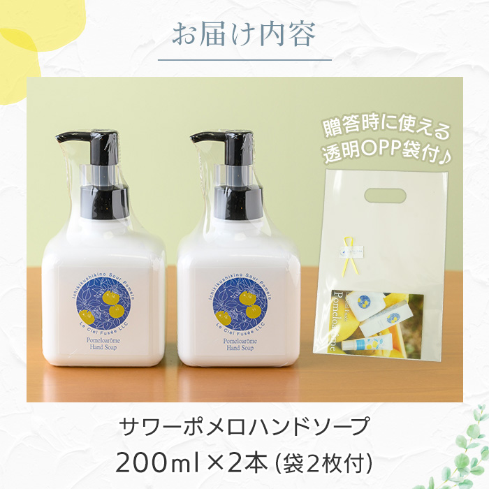 サワーポメロハンドソープ (200ml×2本) いちき串木野市 ルシエルフュゼ サワーポメロ 柑橘 大橘 みかん ハンドソープ 手洗い 液体せっけん 泡 衛生 洗浄 ハンドケア 肌 香り アロマ 精油 エッセンシャルオイル【LeCiel+b2-cafe】【00-090-22】