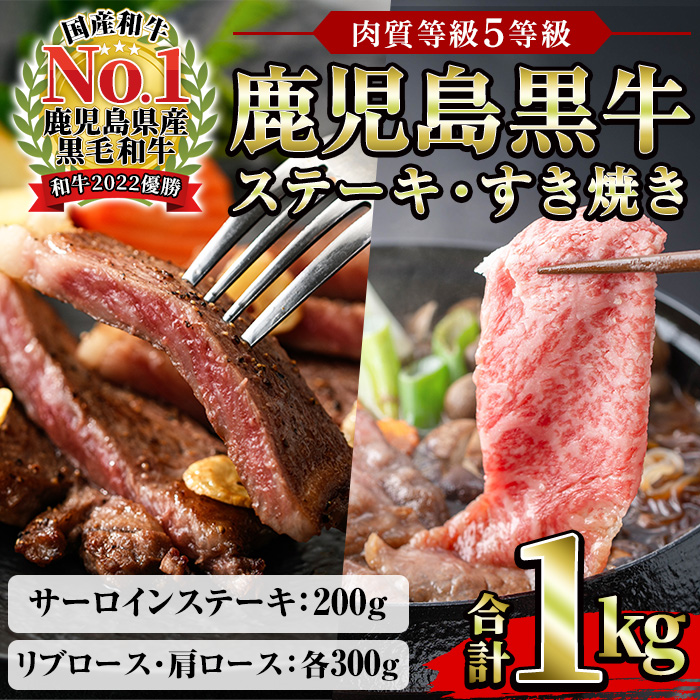 鹿児島黒牛サーロインステーキ(2枚)・黒牛すきやき用リブロース・肩ロースセット(5等級) 計約1kg【JAさつま日置農業協同組合】【00-058-06】