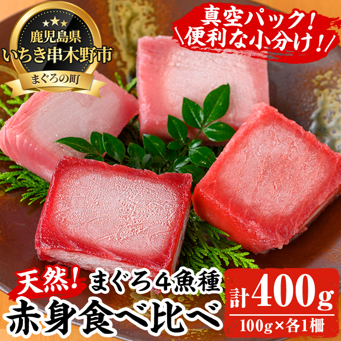 天然まぐろ4魚種赤身食べ比べセット(計400g) 100g柵でお届け！肉厚のお刺身や海鮮丼に！まぐろ 鮪 魚介 刺し身 刺身 さしみ 海鮮丼 本まぐろ 南まぐろ メバチまぐろ キハダまぐろ 小分け 便利 冷凍 新鮮【海鮮まぐろ家】【00-041-12】