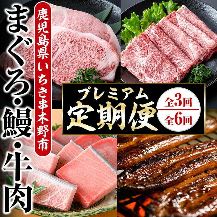 ＜定期便(毎月)・全3回＞いちき串木野プレミアム定期便(まぐろ・鰻・牛肉) 鹿児島 マグロ 鮪 本まぐろ 本マグロ うなぎ 蒲焼き 鹿児島黒牛 ステーキ すき焼き サーロイン ウデスライス【いちき串木野観光物産センター】【00-016-03-TK】