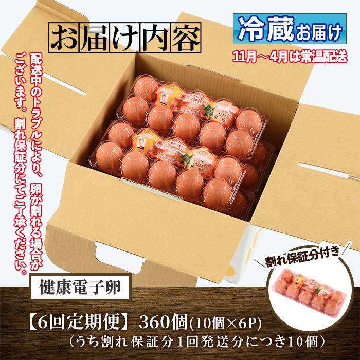 《定期便・全6回》鹿児島県産！健康電子卵(計360個・10個入り×6P×6回) 国産 九州産 たまご タマゴ 玉子 生たまご 親鳥 親鶏 新鮮 鶏卵 常温 毎月 連続 小分け パック 朝ごはん おかず 割れ保障 安心 安全【峯元養鶏】【00-095-05-TK】
