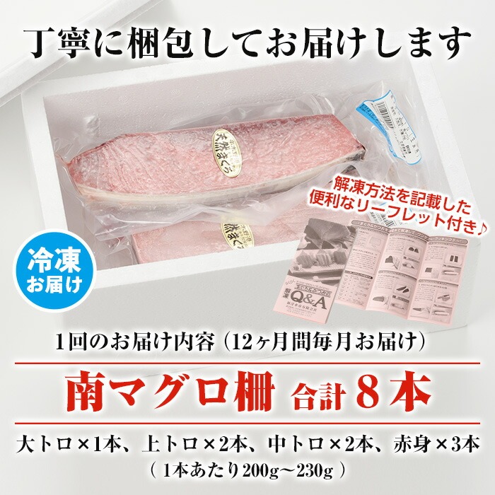 【定期便】南マグロ刺身用柵(8本セット×12ヶ月) 希少な南まぐろの大トロ・上トロ・中トロ・赤身を毎月お届け！総合計約20kg以上！まぐろ 鮪 南まぐろ 南マグロ 大とろ 中とろ 上とろ 魚介 刺し身 刺身 さしみ 海鮮丼 小分け 便利 冷凍 新鮮【新洋水産】【00-019-08-TK】