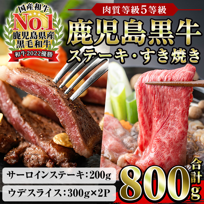 鹿児島黒牛サーロインステーキ(1枚)・黒牛すきやき用腕スライス肉(5等級)詰め合わせセット 計約800g【JAさつま日置農業協同組合】【00-058-05】