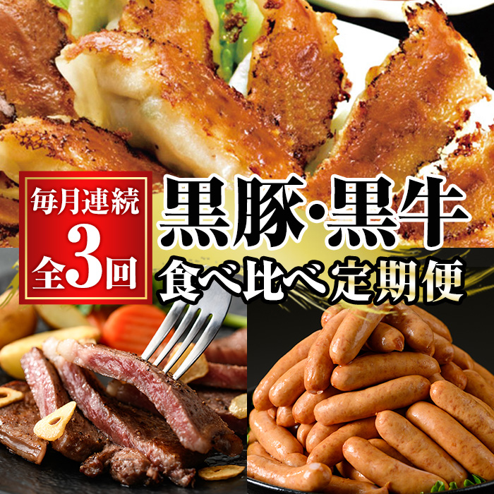＜定期便・全3回＞黒豚・黒牛食べ比べ(3種×毎月連続3回) 黒豚 くろぶた 生餃子 餃子 ぎょうざ 鹿児島黒牛 くろうし ステーキ サーロインステーキ 訳あり わけあり 業務用 黒豚ウインナー ウィンナー 肉 お肉 惣菜 おかず BBQ 頒布会【鹿児島協同食品】【00-008-31-TK】