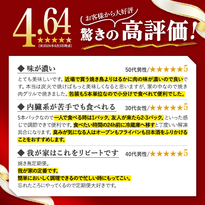＜定期便・全3回(毎月)＞九州産鶏肉生冷凍焼鳥セット5種盛り合わせ(計50本・約1.5kg)×計3回 国産 九州産 国産鶏 鶏肉 やきとり 焼き鳥 焼鳥 加工品 惣菜 おかず おつまみ もも ももねぎ とり皮 ぼんじり ひな 冷凍 小分け タレ付き【サンクスフーズ】【00-079-04-TK】