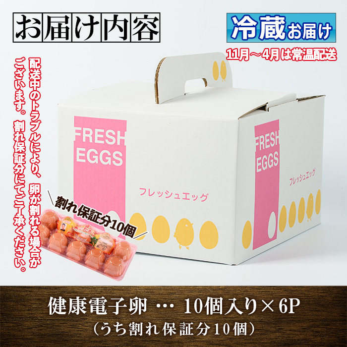 《数量限定》鹿児島県産！健康電子卵(計60個・10個入り×6P) 国産 九州産 たまご タマゴ 玉子 生たまご 親鳥 親鶏 新鮮 鶏卵 常温 小分け パック 朝ごはん 卵かけごはん TKG おかず 卵焼き 体質改善 割れ保障 安心 安全【峯元養鶏】【00-095-03】