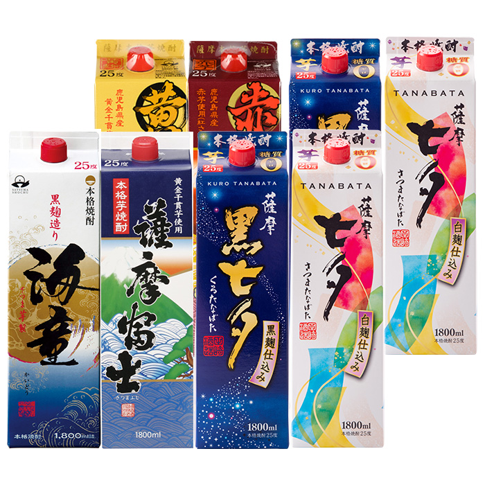 ＜数量限定＞本格薩摩芋焼酎エコパック「七夕」「海童」など(合計8本×1800ml)！国産 九州産 鹿児島 酒 焼酎 黒七夕 薩摩富士 セット 飲み比べセット 飲み比べ【吉村酒店】【00-003-50】