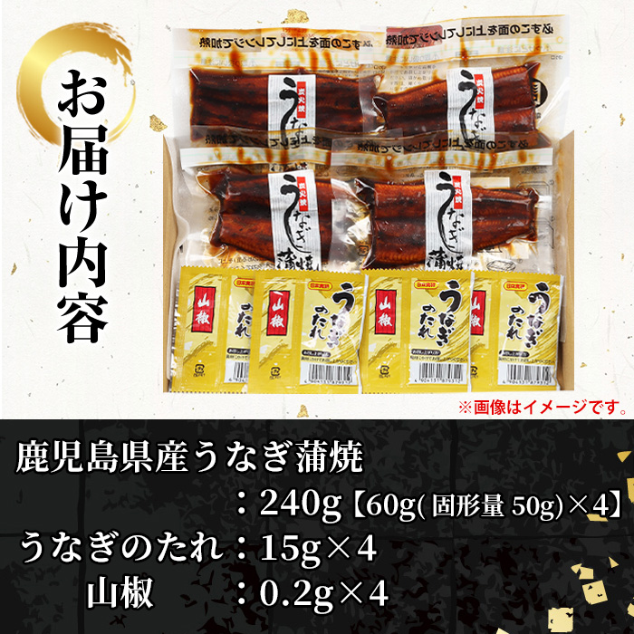 《レンジ対応》鹿児島県産うなぎ蒲焼(240g・60g×4/タレ・山椒付き) 国産 国産魚 九州産 鹿児島県産 魚 魚介 鰻 うなぎ ウナギ unagi 蒲焼 蒲焼き たれ たれ付 さんしょう 簡単調理【エーエフ企画】【01-057-48】
