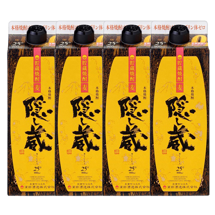 本格麦焼酎 隠し蔵 紙パック (900ml×4本) 鹿児島 鹿児島特産 酒 焼酎 麦焼酎 貯蔵 白麹 麦 大麦 炭酸割り ハイボール 紙パック 常温【夢酒店】【00-026-24】