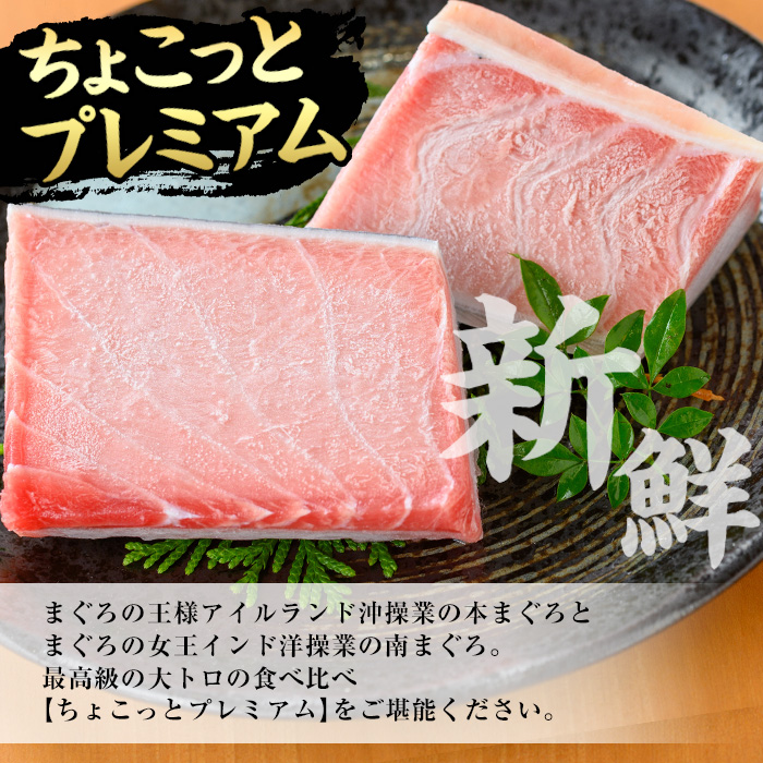 《ちょこっとプレミアム》天然高級まぐろ大トロ食べ比べセット(計200g) 100g柵でお届け！肉厚のお刺身や海鮮丼に！まぐろ 鮪 魚介 刺し身 刺身 さしみ 海鮮丼 本まぐろ 本マグロ 南まぐろ 南マグロ 小分け 便利 冷凍 新鮮【海鮮まぐろ家】【00-041-11】
