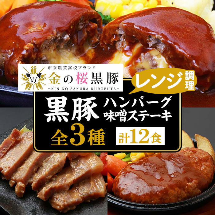 鹿児島県産黒豚使用！煮込みハンバーグ2種とステーキセット(合計12個・全3種各4個) 豚 豚肉 肉 鹿児島 国産 黒豚 調理済 レンジ 時短 調理 ステーキ ハンバーグ 惣菜 チーズ チーズインハンバーグ【エーエフ企画】【エーエフ企画】【00-057-37】