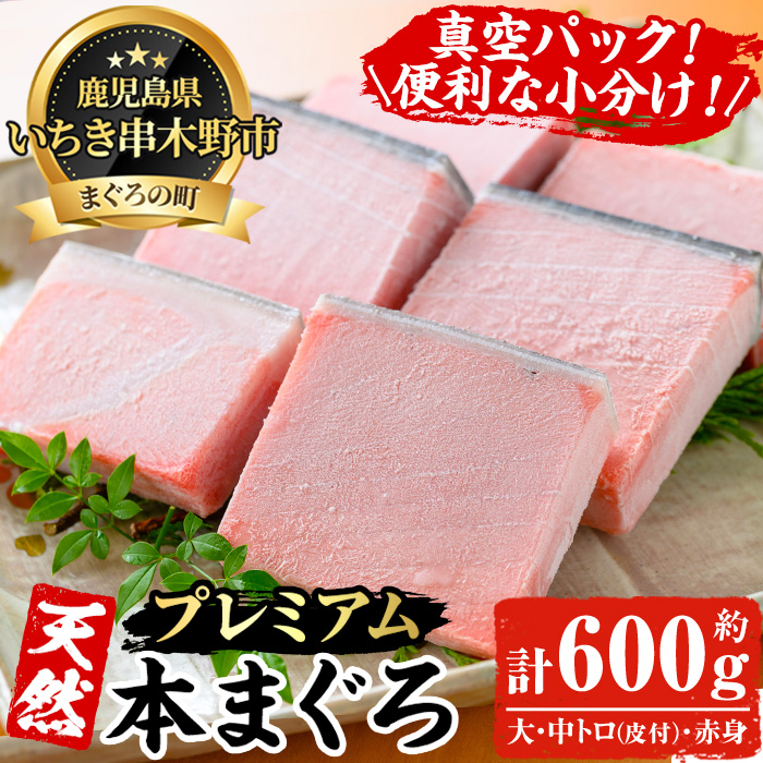 《プレミアム》天然本まぐろフルセット(計600g) 100g柵でお届け！肉厚のお刺身や海鮮丼に！まぐろ 鮪 魚介 刺し身 刺身 さしみ 海鮮丼 本まぐろ 本マグロ 小分け 便利 冷凍 新鮮【海鮮まぐろ家】【00-041-14】