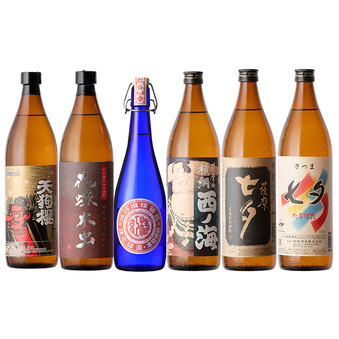 薩摩本格焼酎6本飲み比べセット！花蝶木虫・天狗櫻・七夕・黒七夕・西ノ海・紅椿(計6本・720ml×1本/900ml×5本) 鹿児島 鹿児島特産 芋焼酎 黒麹 酒 お酒 アルコール 焼酎 お湯割り 水割り ロック 常温 常温発送【福永酒店】【00-043-11】