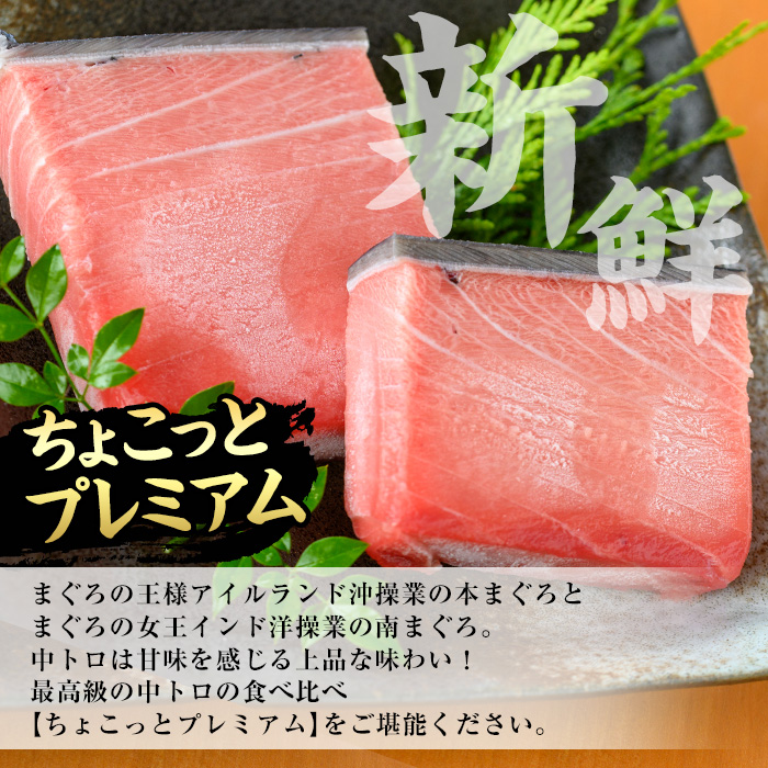 《ちょこっとプレミアム》天然高級まぐろ中トロ食べ比べセット(計200g) 100g柵でお届け！肉厚のお刺身や海鮮丼に！まぐろ 鮪 魚介 刺し身 刺身 さしみ 海鮮丼 本まぐろ 本マグロ 南まぐろ 南マグロ 小分け 便利 冷凍 新鮮【海鮮まぐろ家】【00-041-08】