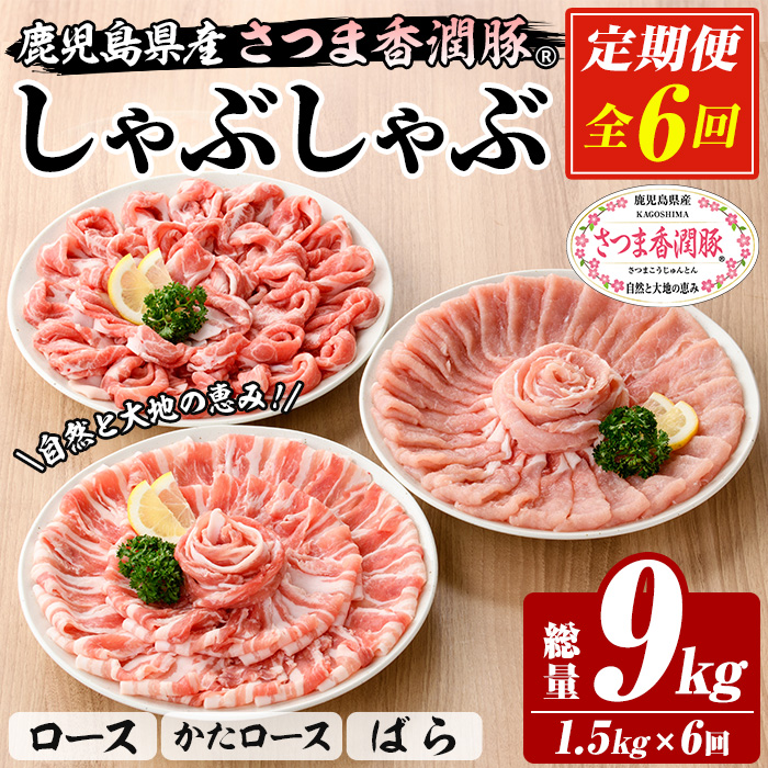 ＜定期便・全6回＞鹿児島県産！さつま香潤豚しゃぶしゃぶセット (3種)(250g×6P×6回・総量9kg) 豚 豚肉 肉 鹿児島 白豚 しゃぶしゃぶ ロース 肩ロース ばら肉 バラ肉 詰合せ 小分け 定期便 冷凍【西日本ベストパッカー】【00-110-16-TK】