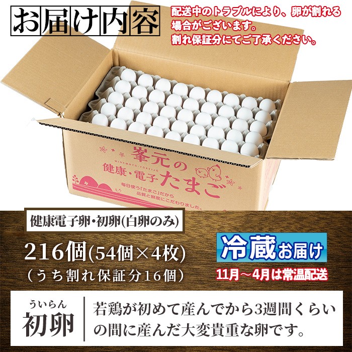 鹿児島県産！健康電子卵 初卵・白(計216個・54個入り×4枚) 国産 九州産 たまご タマゴ 玉子 生たまご 若鶏 若鳥 新鮮 鶏卵 小玉 パック 朝ごはん 卵かけごはん TKG おかず 卵焼き 割れ保障 安心 安全【峯元養鶏】【00-095-08】