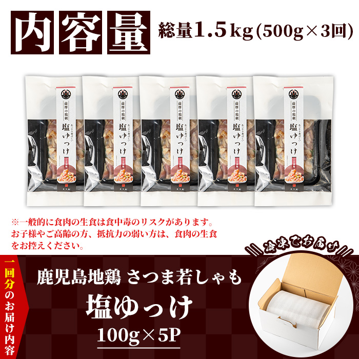 ＜定期便・全3回(毎月)＞鹿児島地鶏 さつま若しゃも 塩ゆっけ(100g×5P×3回・総量1.5kg) 国産 鹿児島県産 鶏肉 鳥肉 地鶏 地どり 鳥刺し 鶏刺し タタキ たたき ユッケ 冷凍 刺身 定期便 おつまみ 晩酌 【野元商店】【00-115-07-TK】