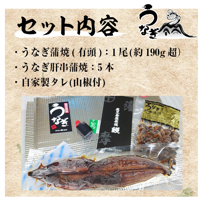 ＜訳あり・規格外＞国産うなぎ(鹿児島県産うなぎ)蒲焼(特大サイズ1尾・約190g超)と肝串蒲焼(5本×1P) タレ付き 国産 国産魚 九州産 鹿児島県産 魚 魚介 鰻 うなぎ ウナギ 蒲焼 蒲焼き 惣菜 冷凍 串 肝 内臓 真空包装 簡易包装 贈答品 ギフト【南竹鰻加工】【00-025-20-90】